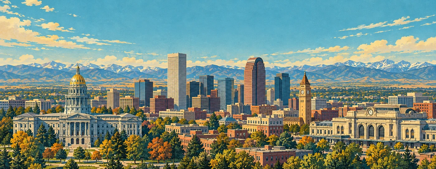 Illustrated Denver skyline with the Rocky Mountains beyond