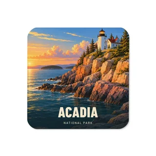 Acadia travel artwork on a coaster