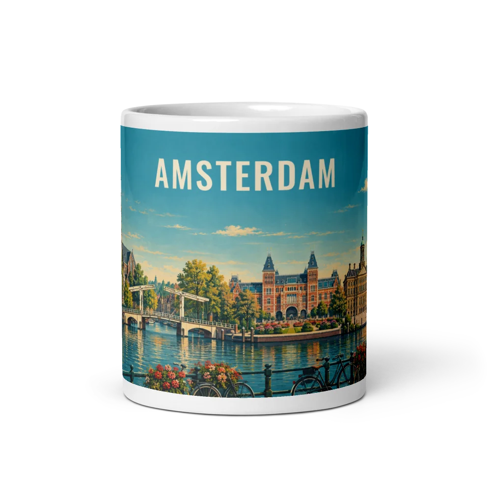 Amsterdam travel artwork on a ceramic mug, 11 oz