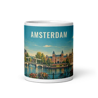 Amsterdam travel artwork on a ceramic mug, 11 oz