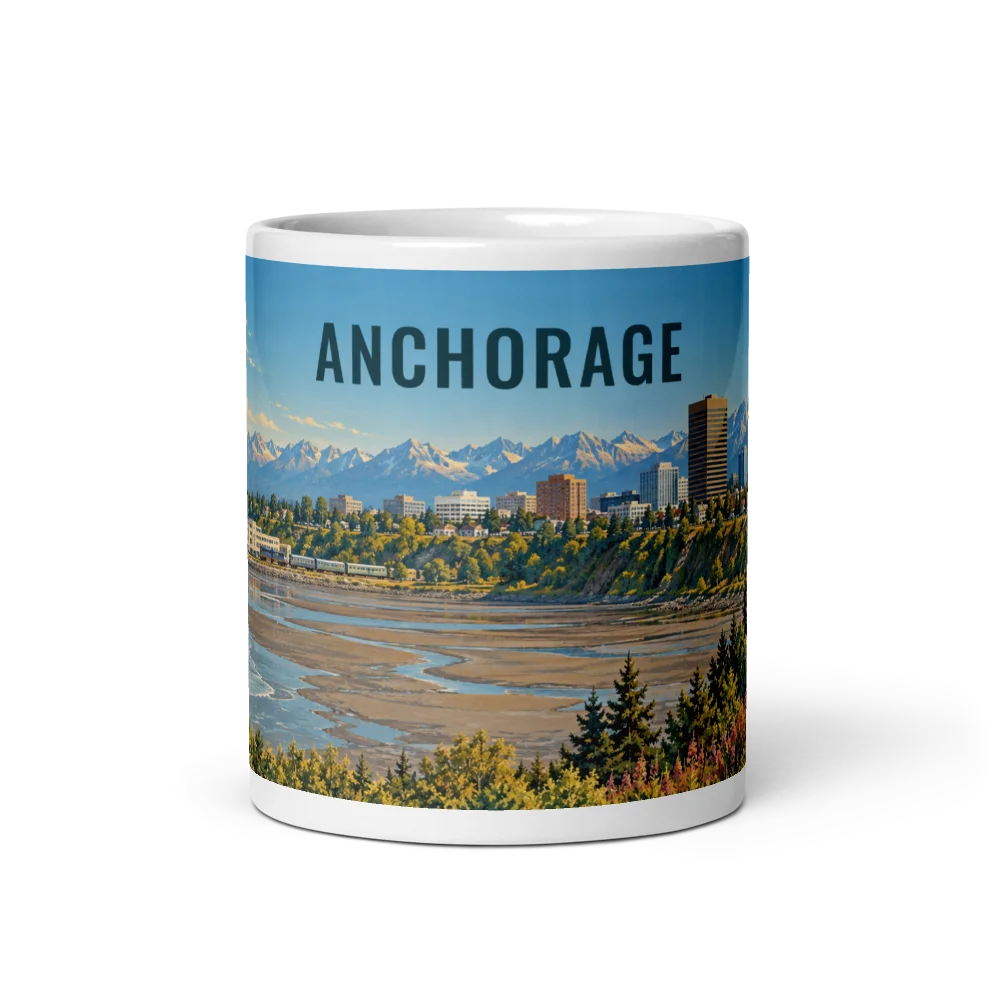 Anchorage travel artwork on a ceramic mug, 11 oz