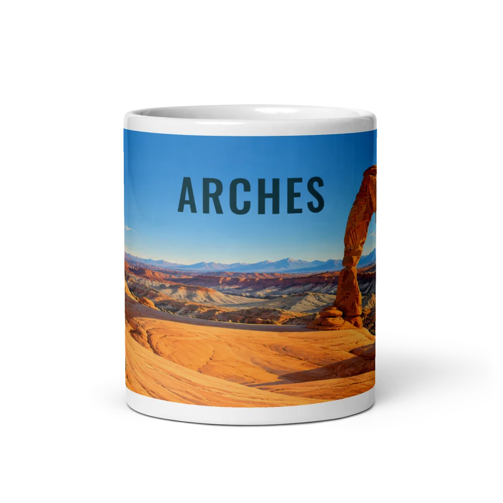 Arches travel artwork on a ceramic mug, 11 oz