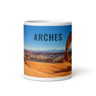 Arches travel artwork on a ceramic mug, 11 oz