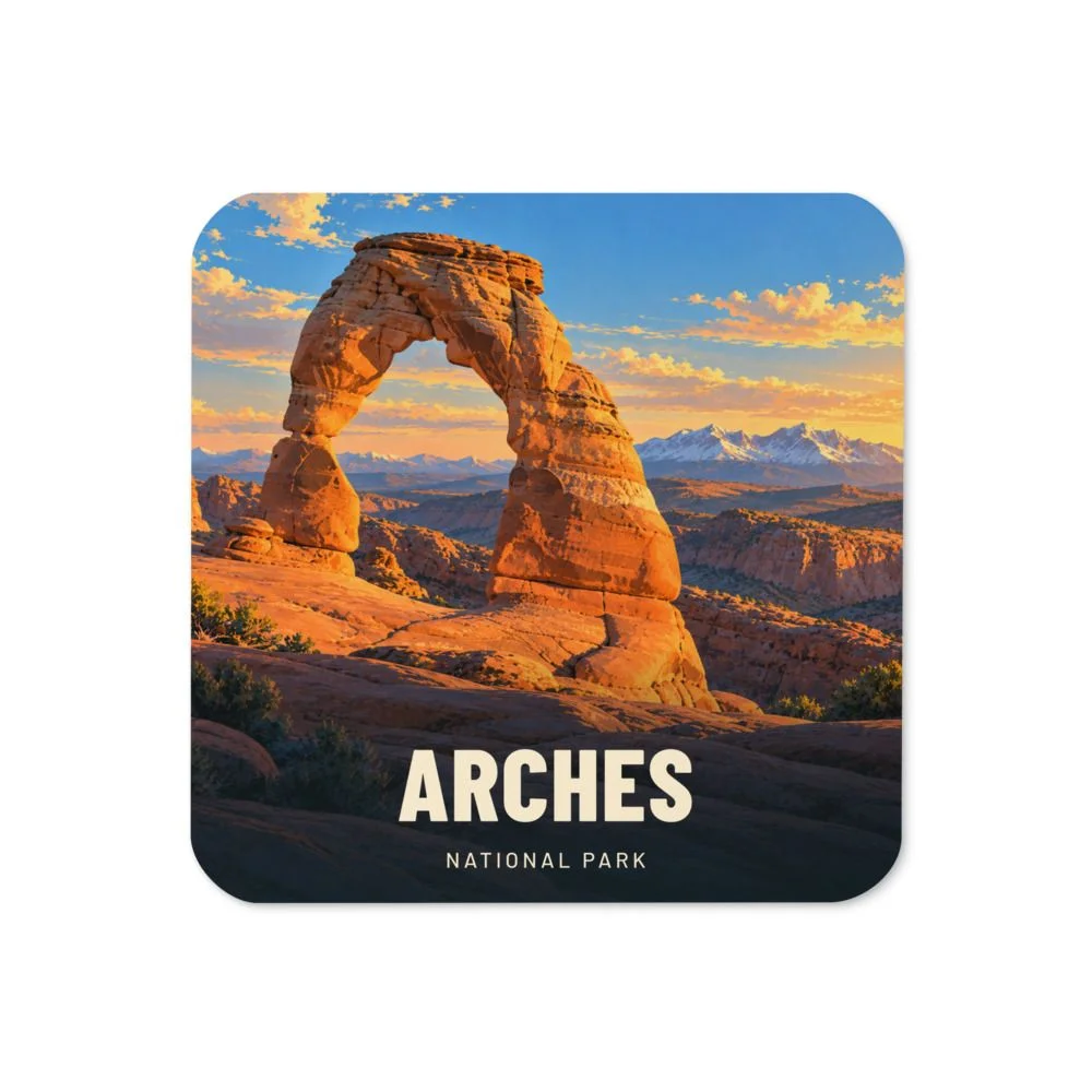 Arches travel artwork on a coaster