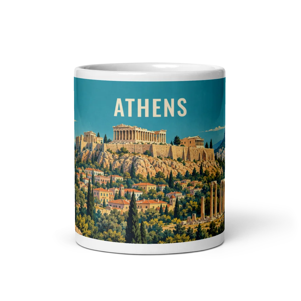 Athens travel artwork on a ceramic mug, 11 oz