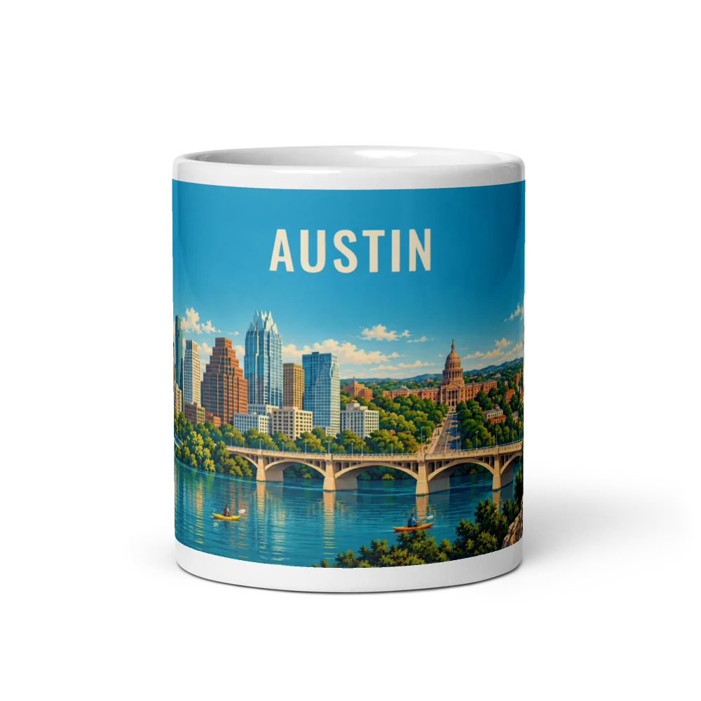 Austin travel artwork on a ceramic mug, 11 oz