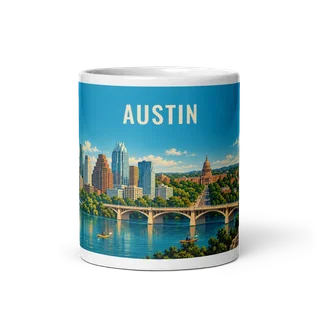 Austin travel artwork on a ceramic mug, 11 oz