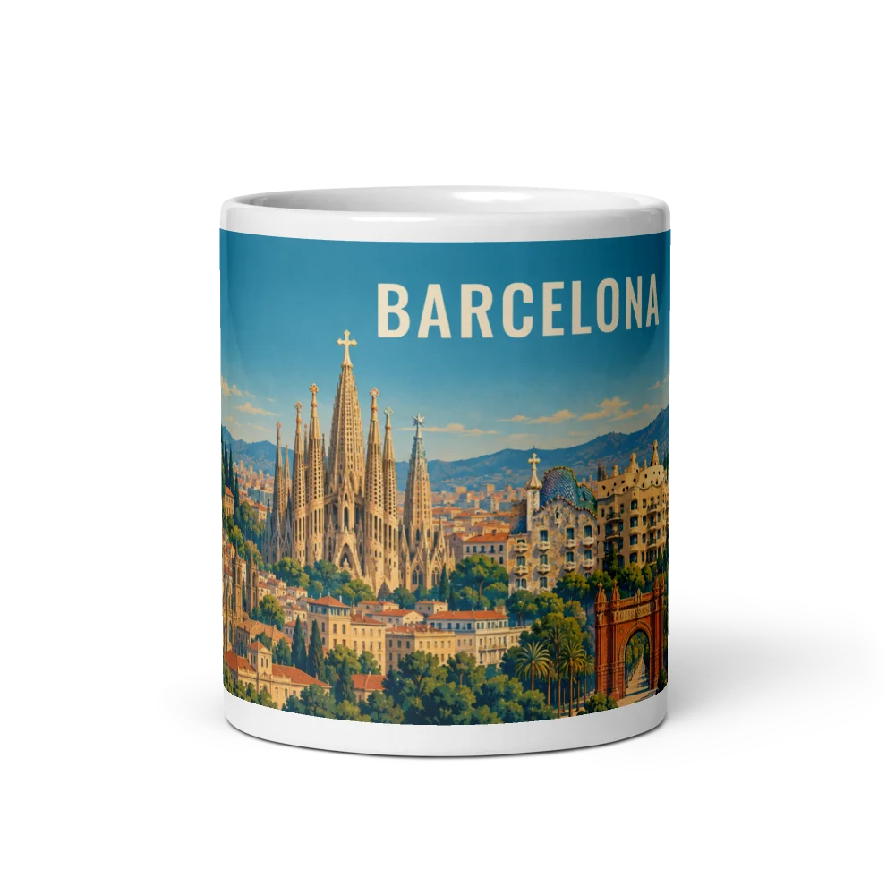 Barcelona travel artwork on a ceramic mug, 11 oz