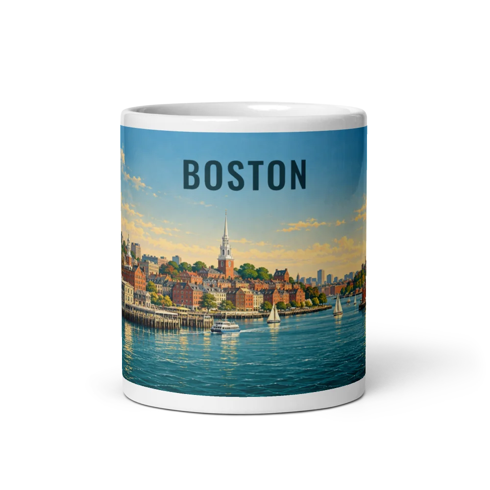 Boston travel artwork on a ceramic mug, 11 oz