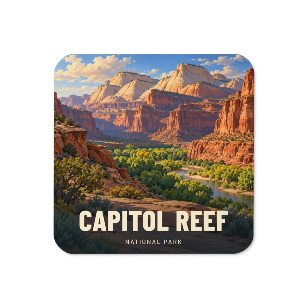Capitol Reef travel artwork on a coaster