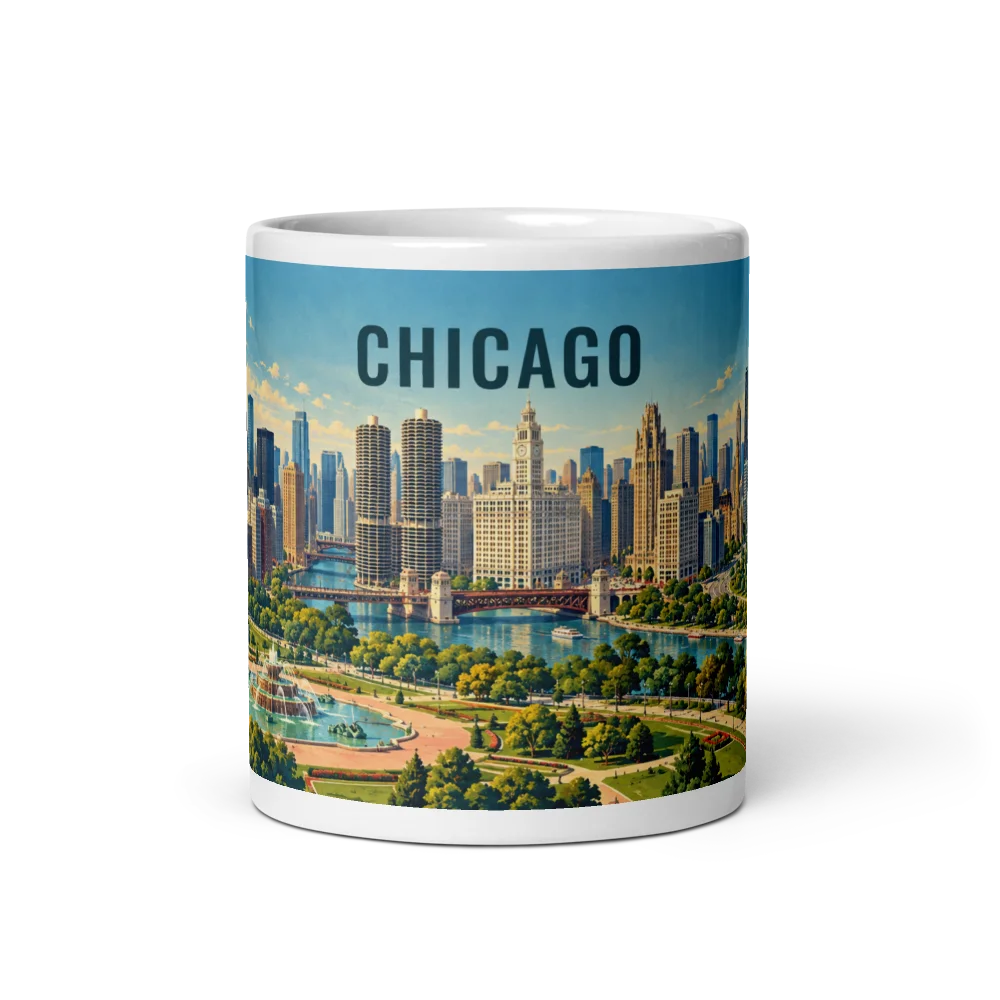 Chicago travel artwork on a ceramic mug, 11 oz