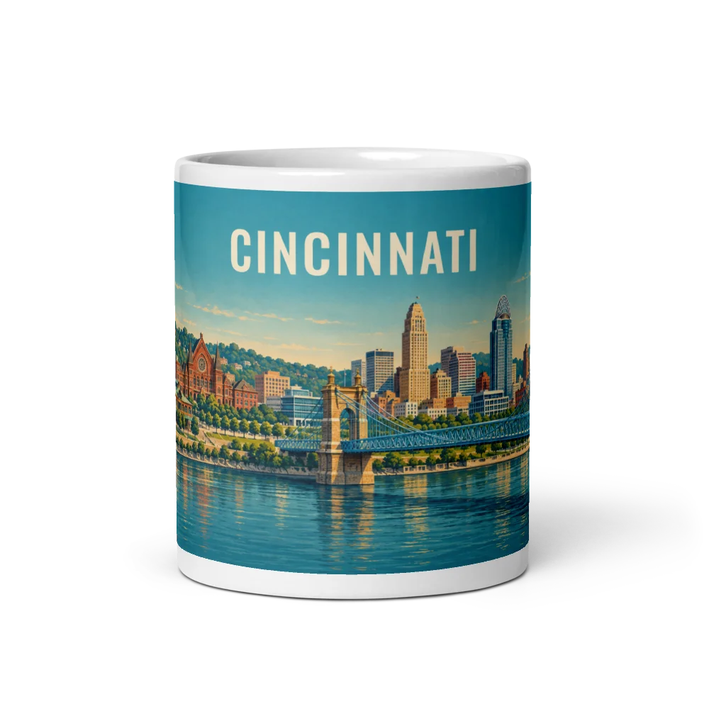 Cincinnati travel artwork on a ceramic mug, 11 oz