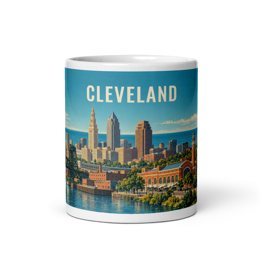 Cleveland travel artwork on a ceramic mug, 11 oz