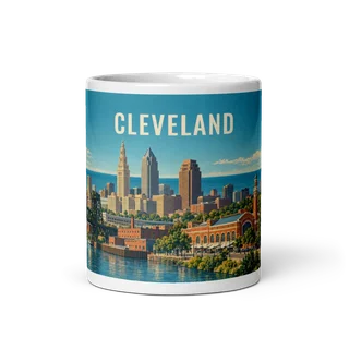 Cleveland travel artwork on a ceramic mug, 11 oz