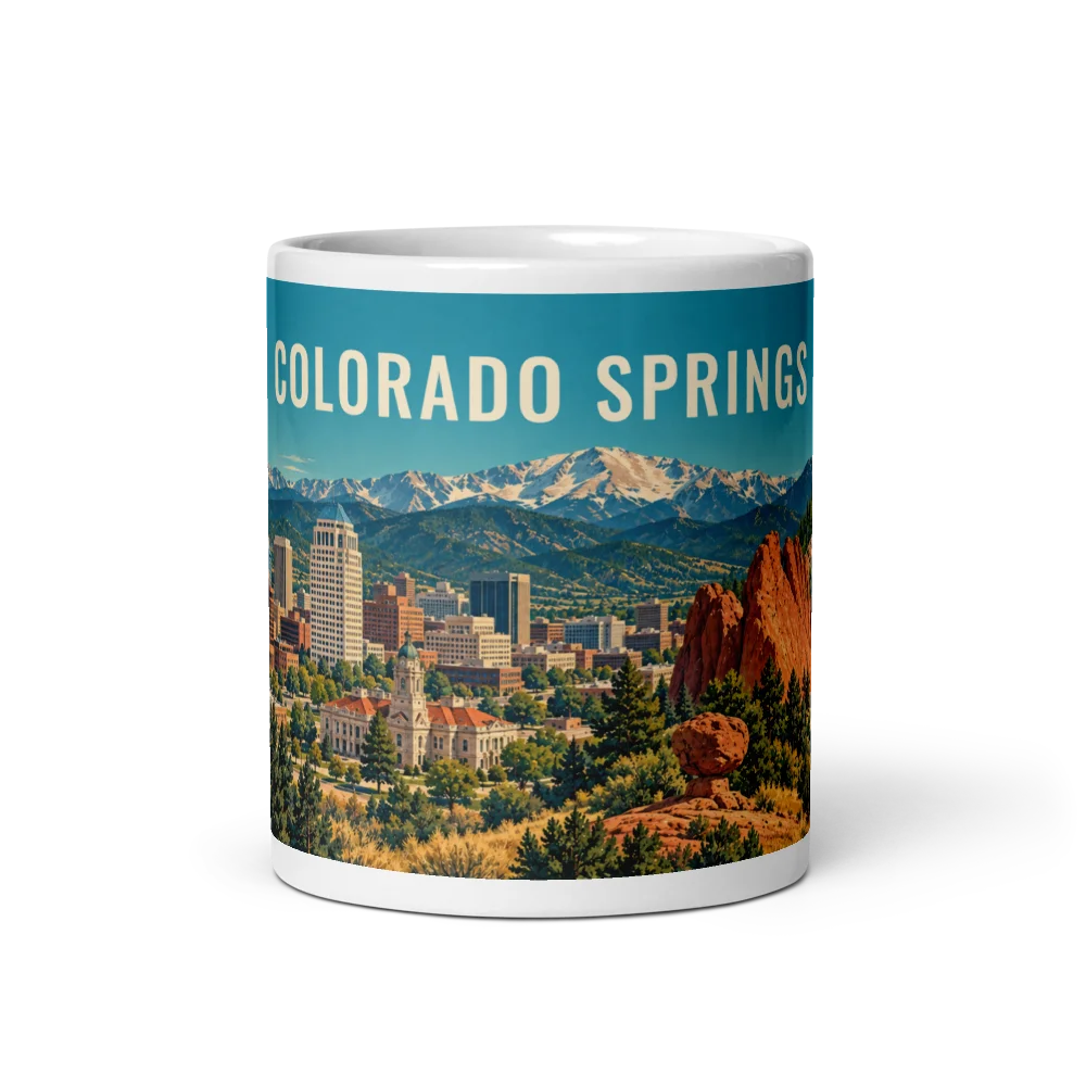 Colorado Springs travel artwork on a ceramic mug, 11 oz