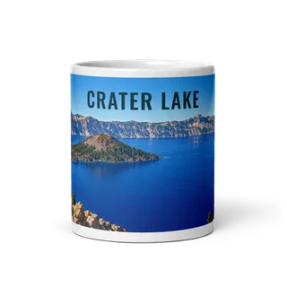 Crater Lake travel artwork on a ceramic mug, 11 oz