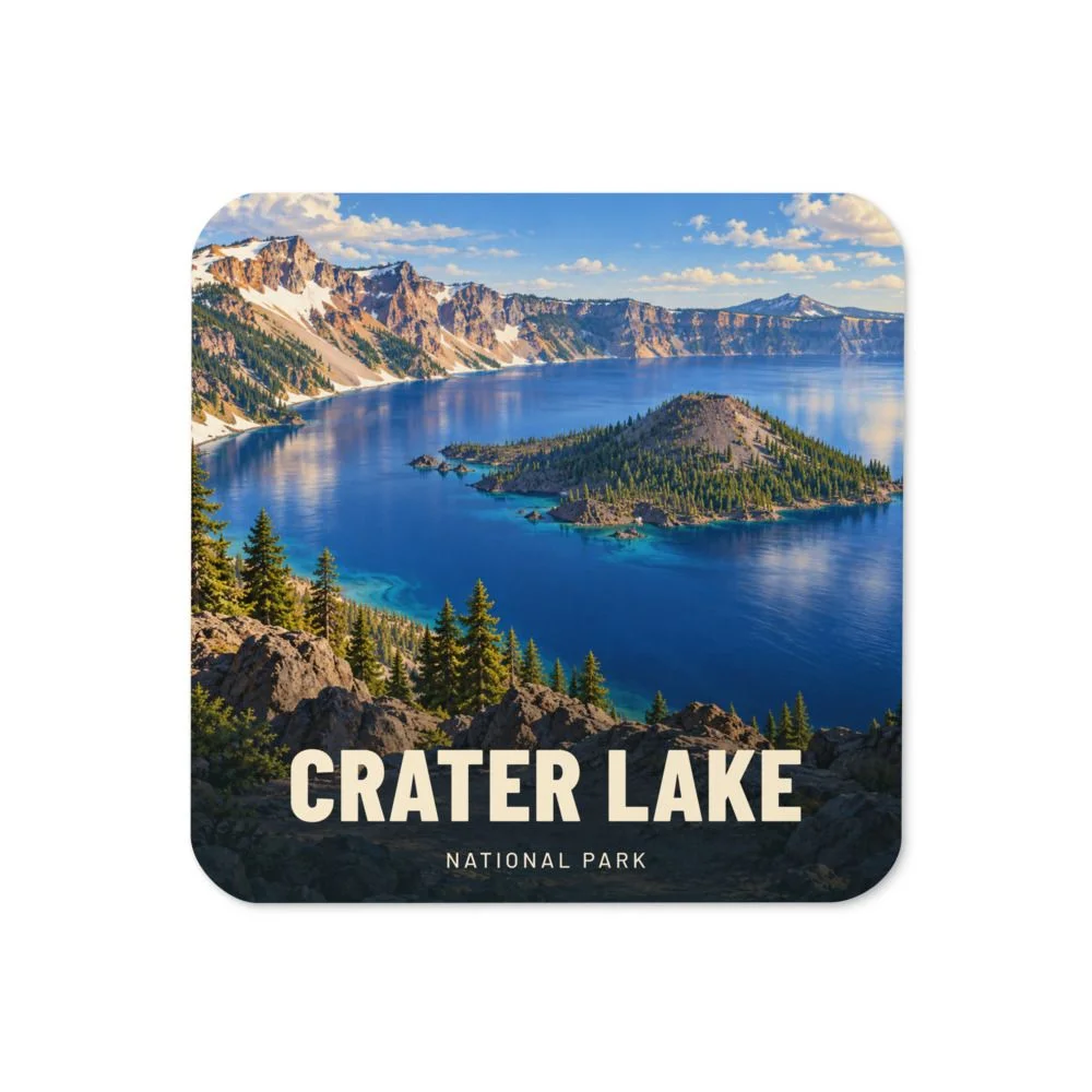 Crater Lake travel artwork on a coaster