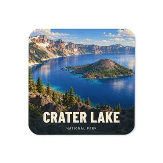 Crater Lake travel artwork on a coaster