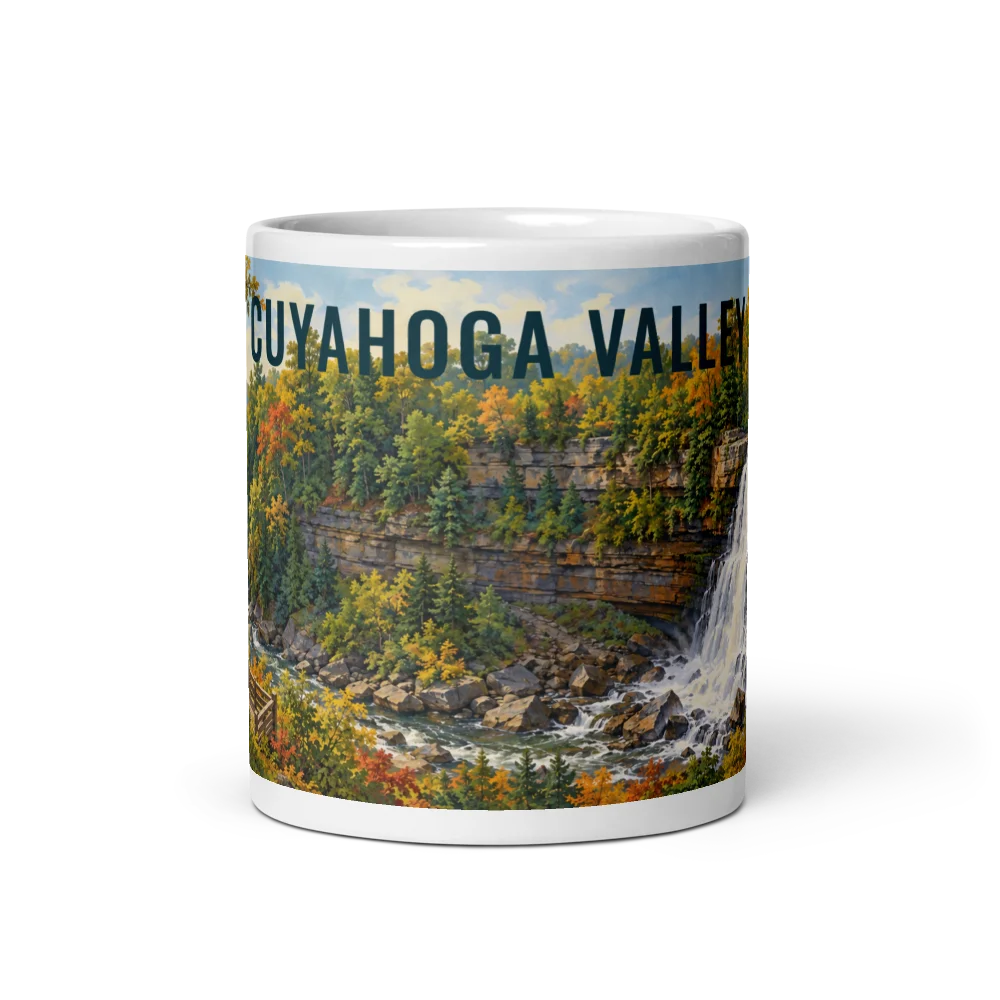Cuyahoga Valley travel artwork on a ceramic mug, 11 oz