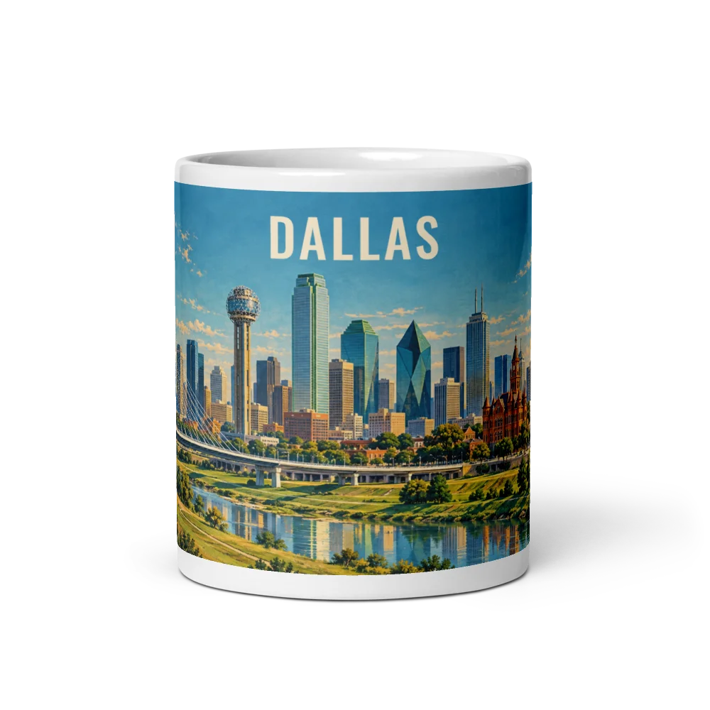 Dallas travel artwork on a ceramic mug, 11 oz