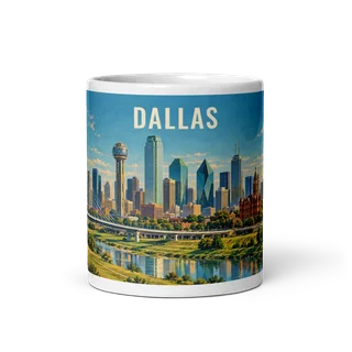 Dallas travel artwork on a ceramic mug, 11 oz