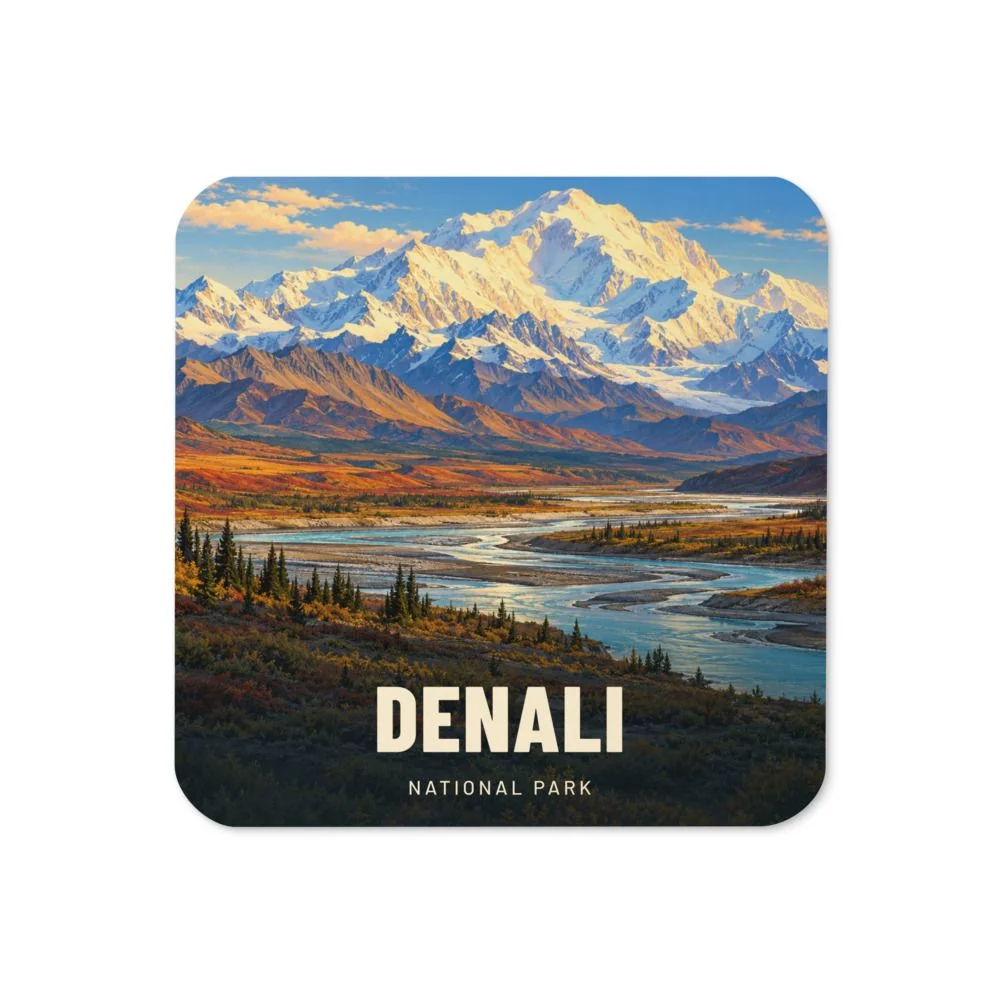 Denali travel artwork on a coaster