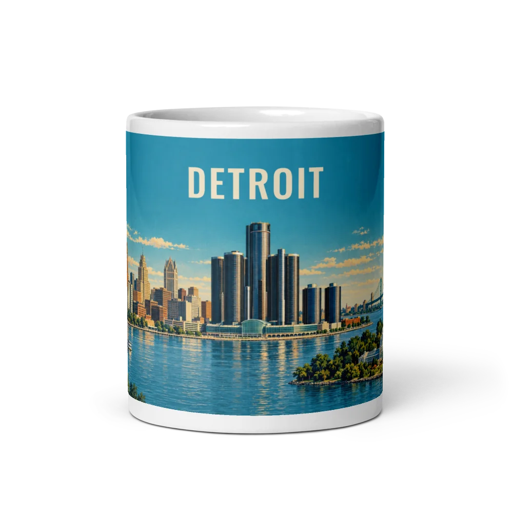 Detroit travel artwork on a ceramic mug, 11 oz
