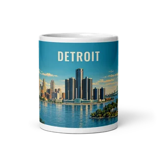 Detroit travel artwork on a ceramic mug, 11 oz