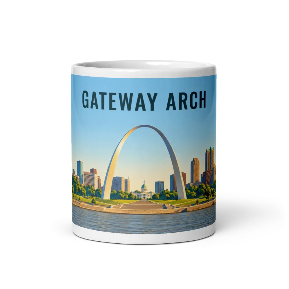 Gateway Arch travel artwork on a ceramic mug, 11 oz