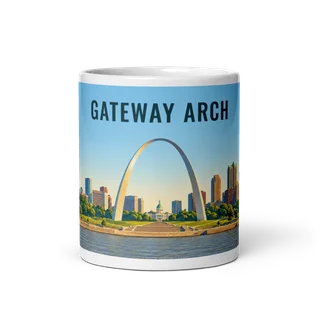 Gateway Arch travel artwork on a ceramic mug, 11 oz