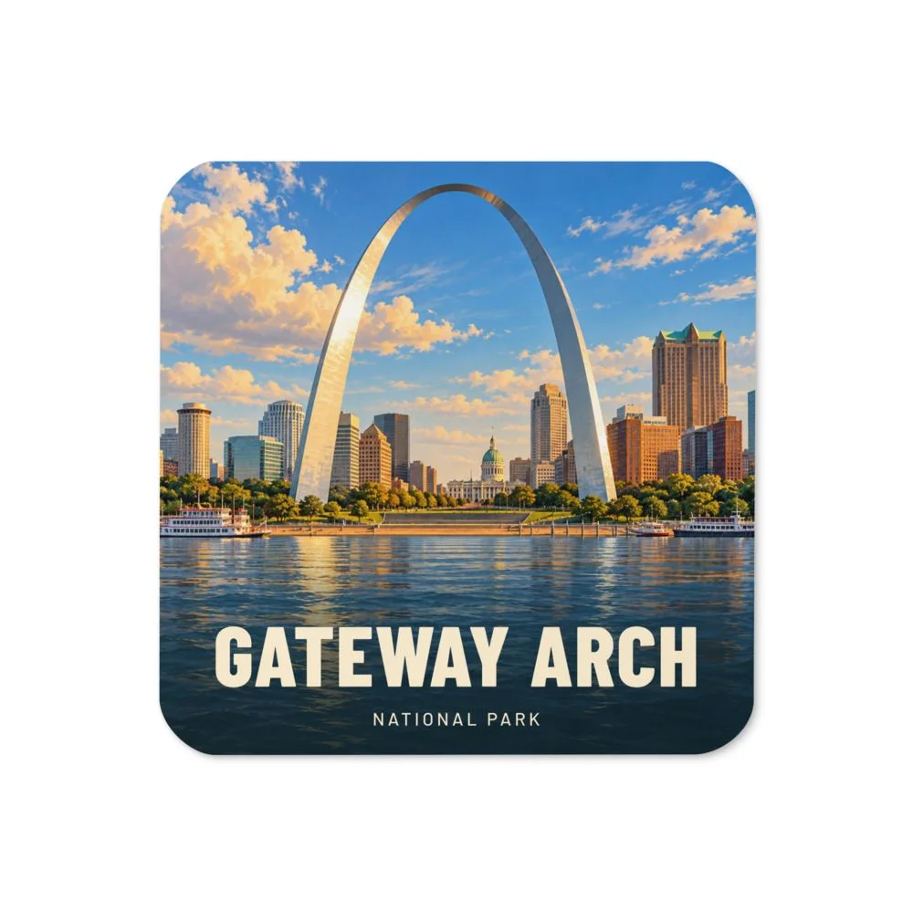 Gateway Arch travel artwork on a coaster