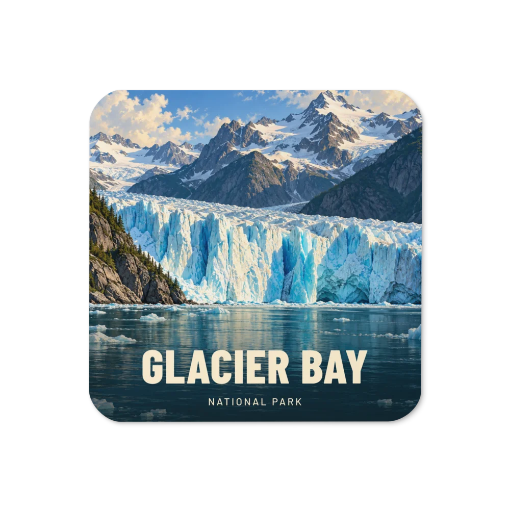 Glacier Bay travel artwork on a coaster