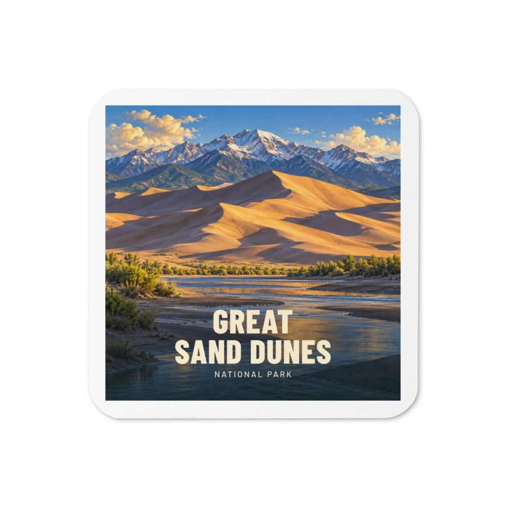 Great Sand Dunes travel artwork on a coaster
