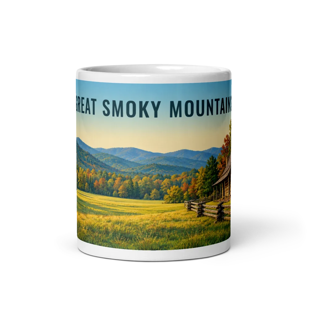 Great Smoky Mountains travel artwork on a ceramic mug, 11 oz
