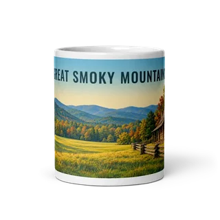 Great Smoky Mountains travel artwork on a ceramic mug, 11 oz