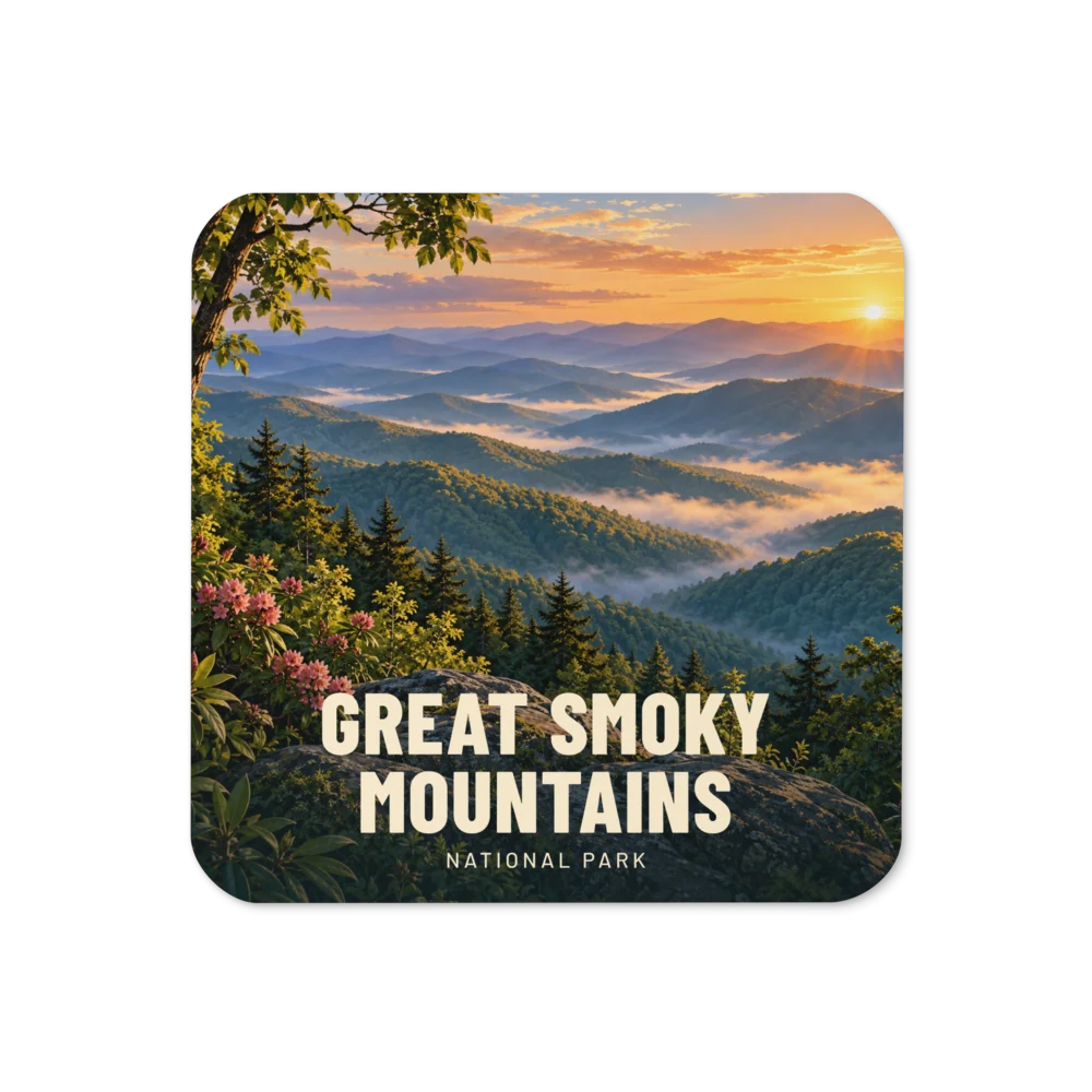 Great Smoky Mountains travel artwork on a coaster