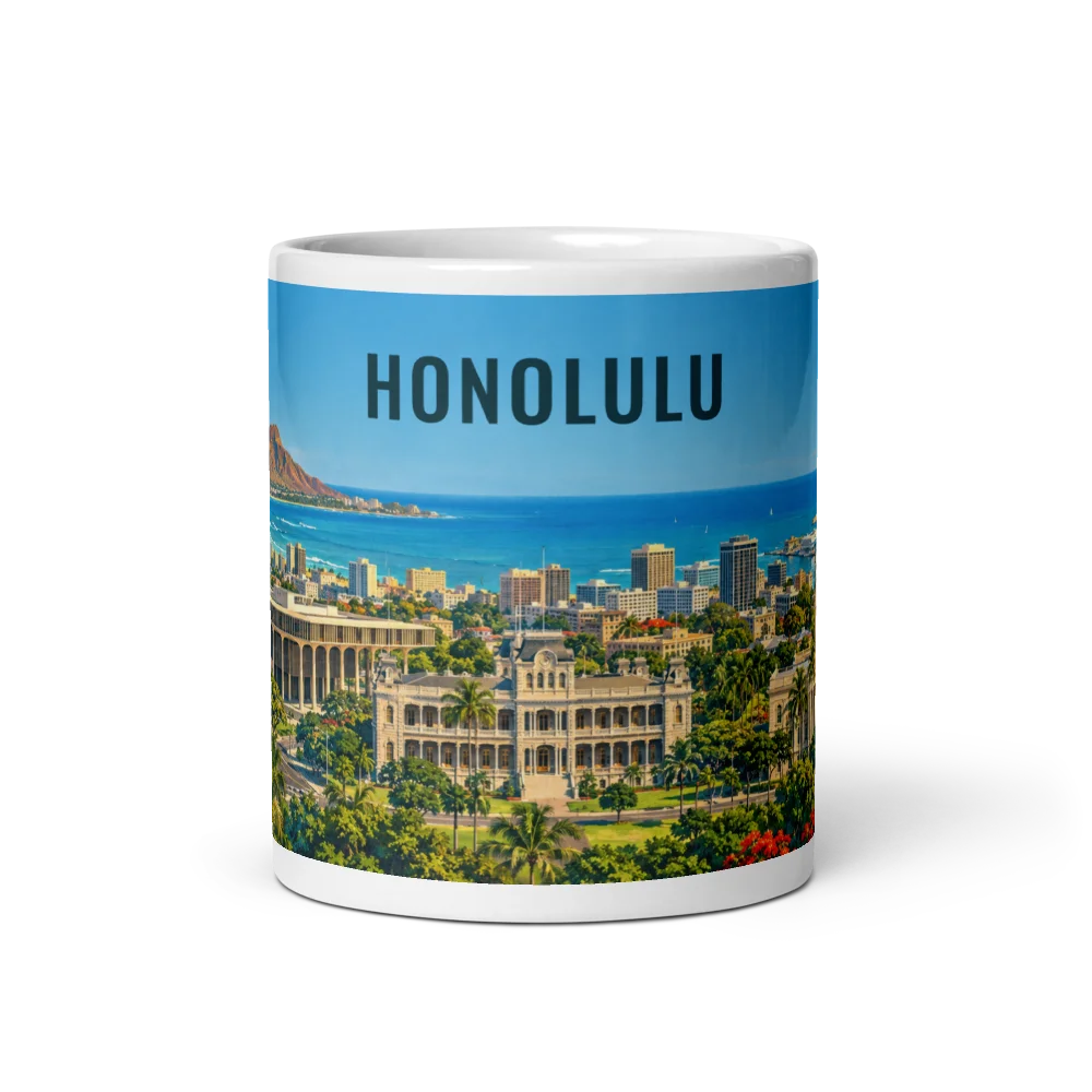 Honolulu travel artwork on a ceramic mug, 11 oz