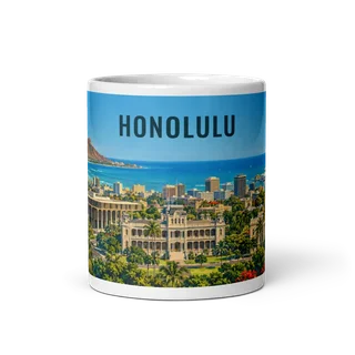 Honolulu travel artwork on a ceramic mug, 11 oz