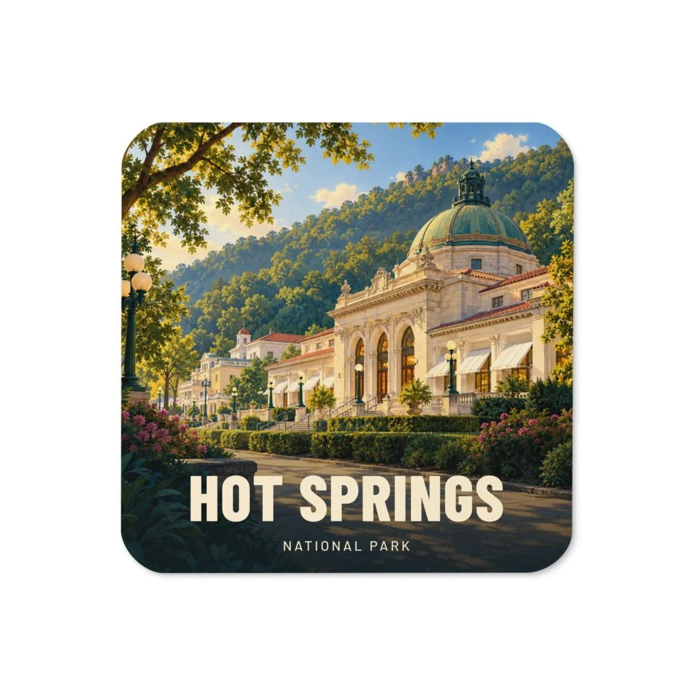 Hot Springs travel artwork on a coaster