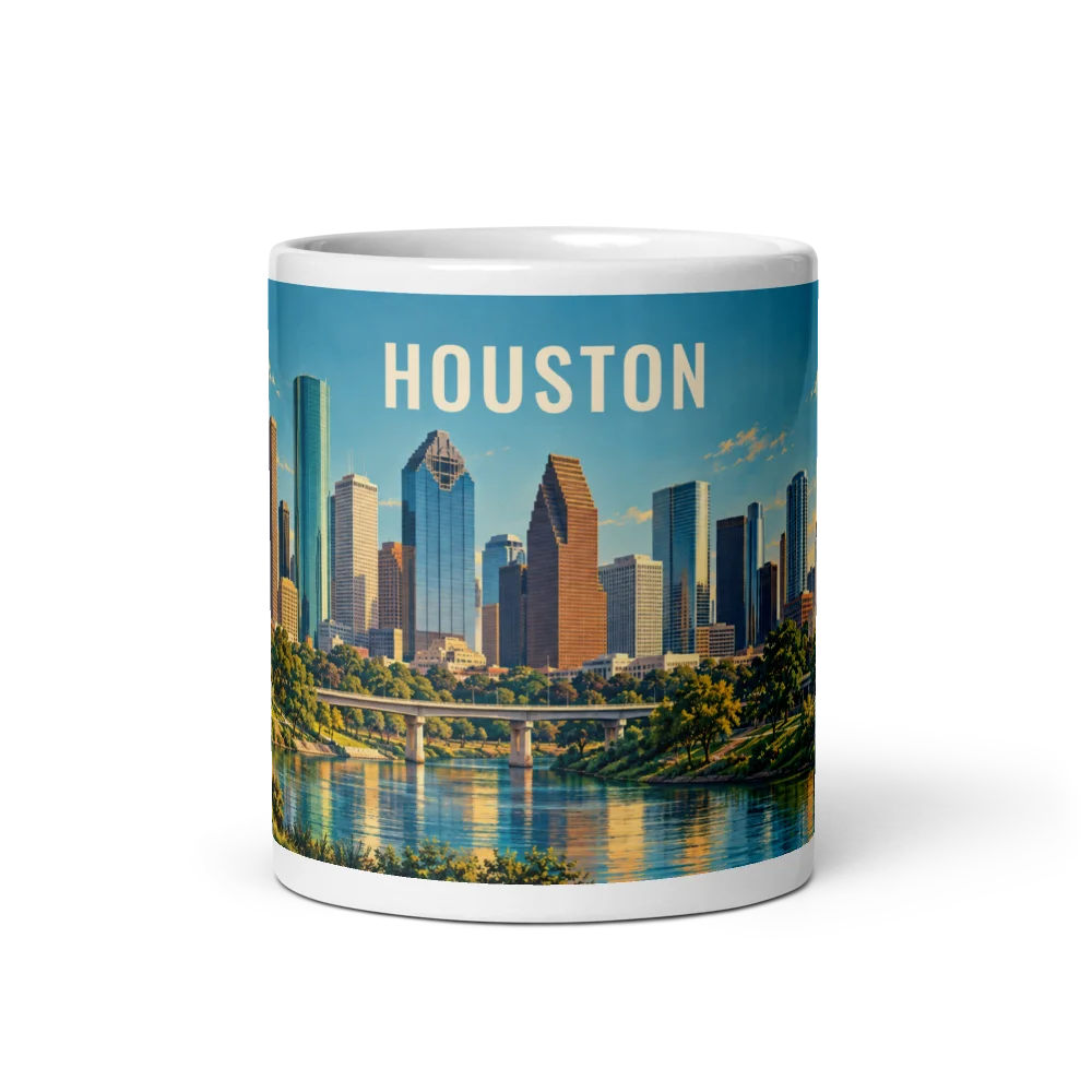 Houston travel artwork on a ceramic mug, 11 oz