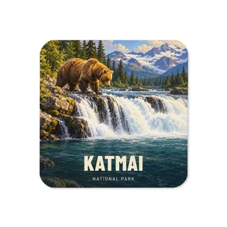 Katmai travel artwork on a coaster