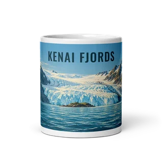 Kenai Fjords travel artwork on a ceramic mug, 11 oz