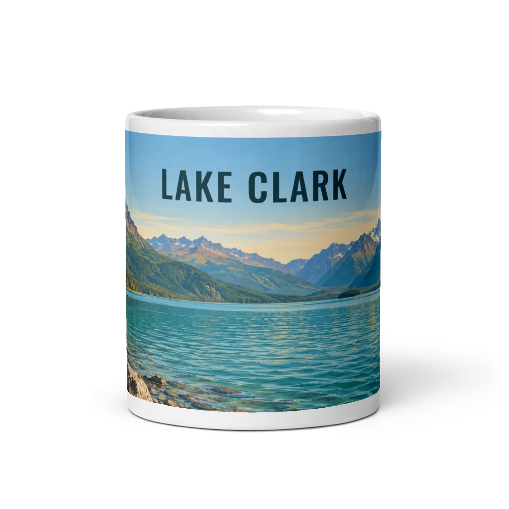 Lake Clark travel artwork on a ceramic mug, 11 oz