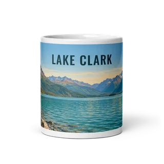 Lake Clark travel artwork on a ceramic mug, 11 oz