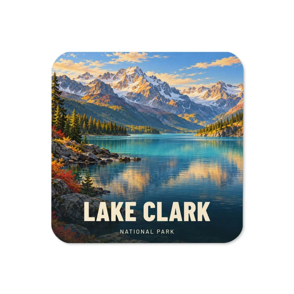 Lake Clark travel artwork on a coaster