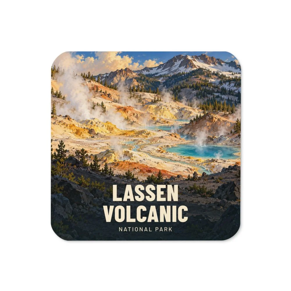 Lassen Volcanic travel artwork on a coaster