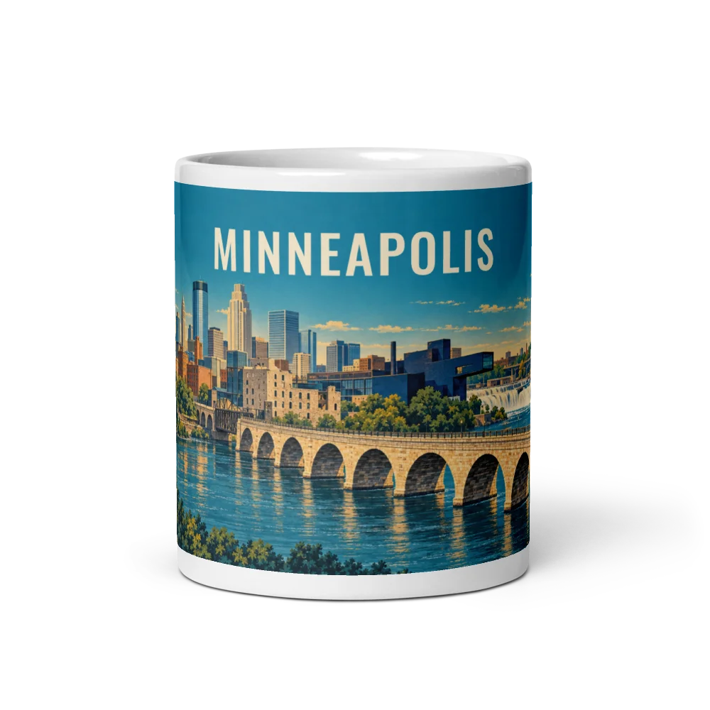 Minneapolis travel artwork on a ceramic mug, 11 oz
