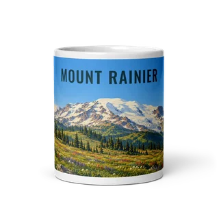 Mount Rainier travel artwork on a ceramic mug, 11 oz