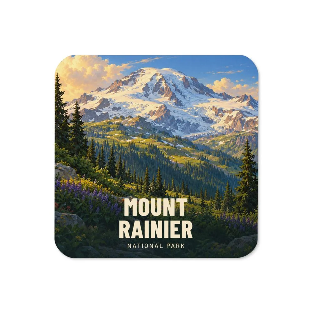 Mount Rainier travel artwork on a coaster