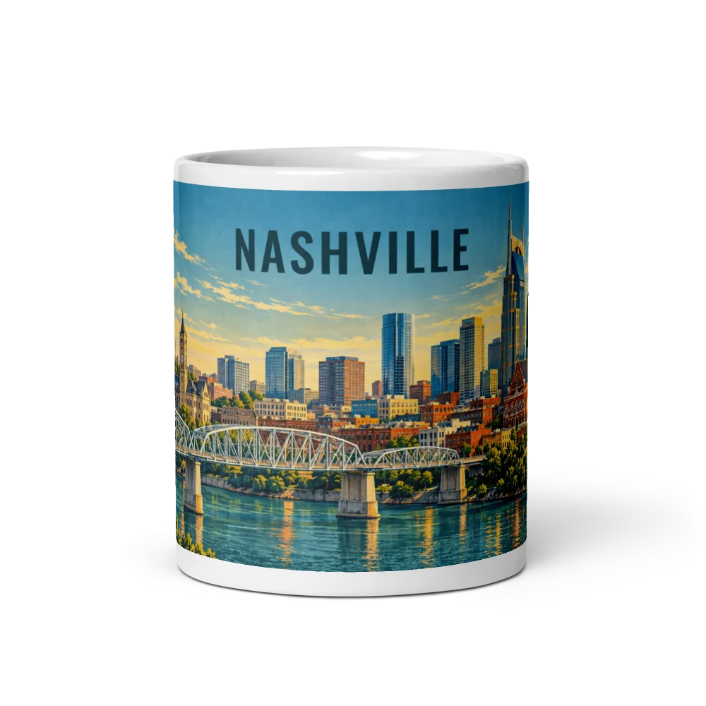 Nashville travel artwork on a ceramic mug, 11 oz